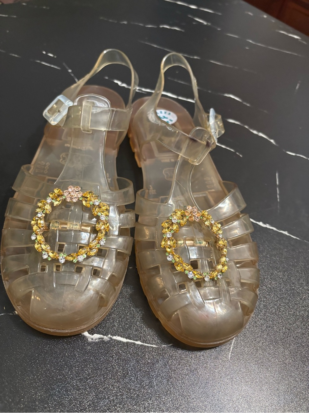 Clear Jelly Slingback Sandals with Gold Crystal Wreath - Women